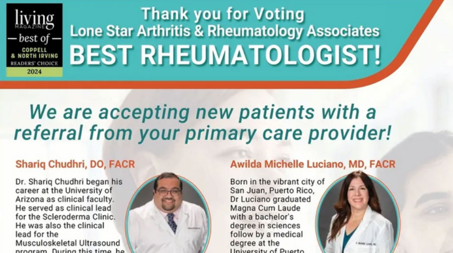 Lone Star Arthritis & Rheumatology Associates Las Colinas office voted the Best Rheumatologist by residents of the Coppell & North Irving area in Living Magazine's Readers' Choice 2024